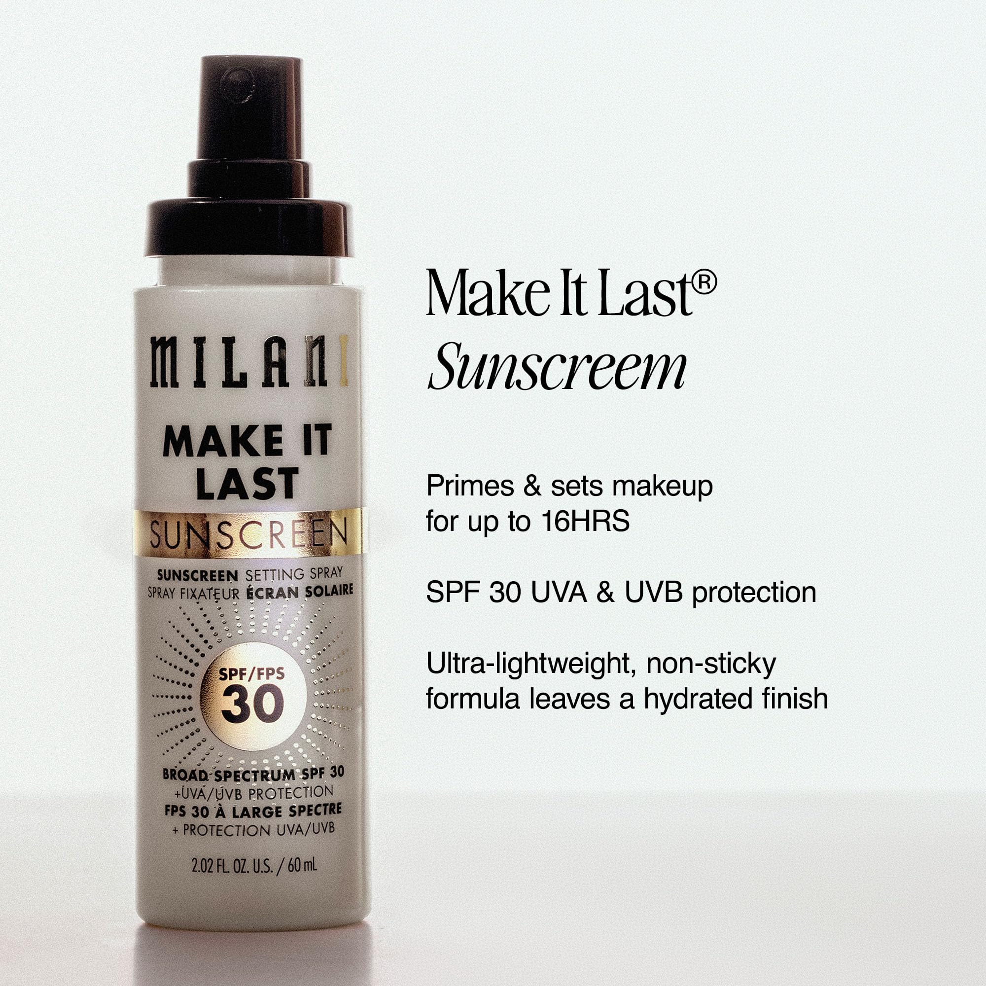Milani botella con etiqueta visible resaltando SPF 30 y beneficios