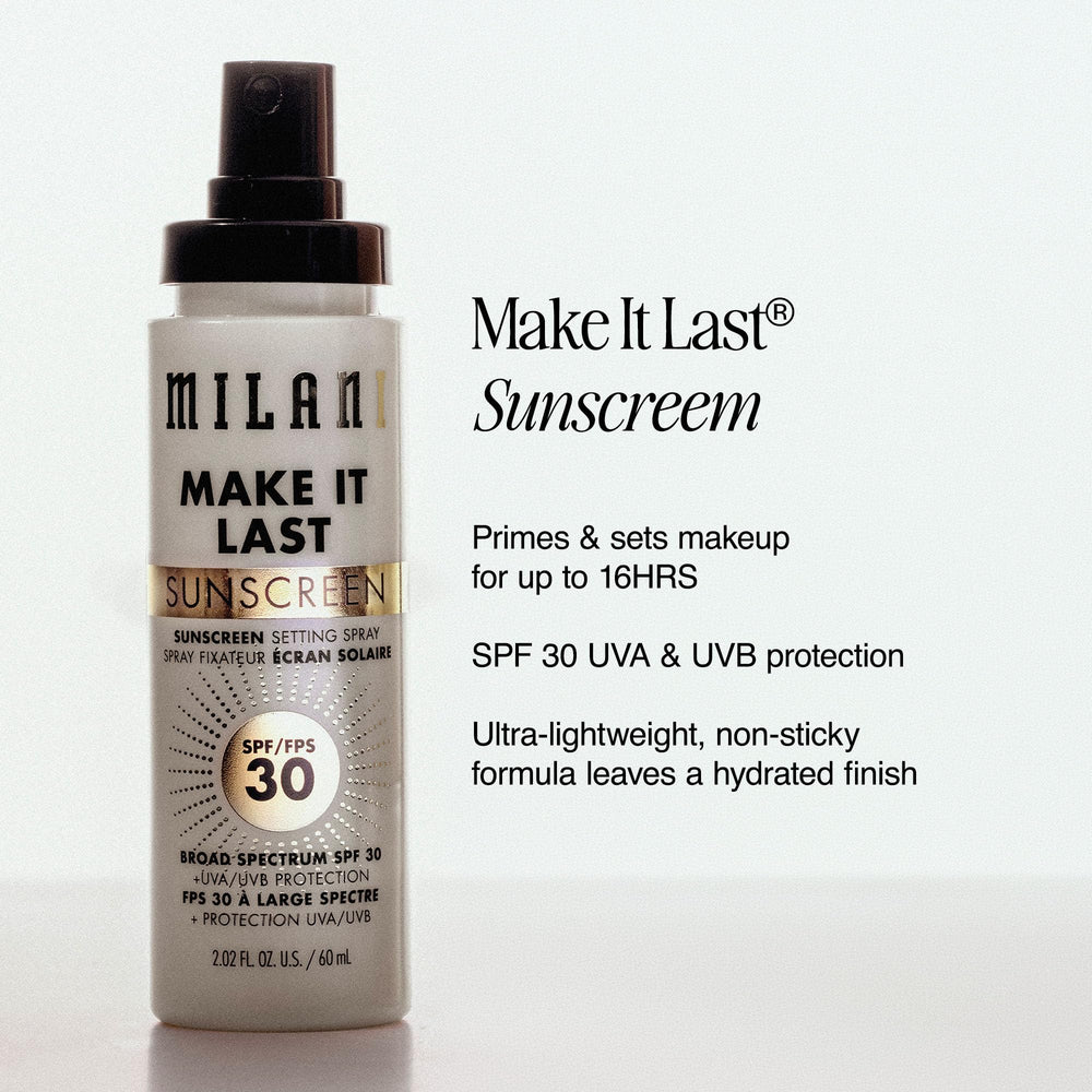 Milani botella con etiqueta visible resaltando SPF 30 y beneficios