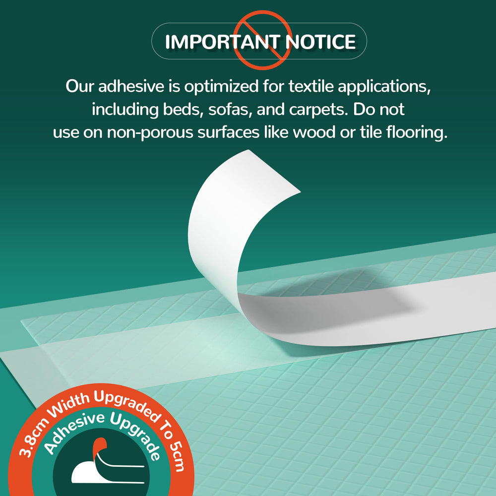 MILDPLUS adhesive strip backing shown securing pad to mattress