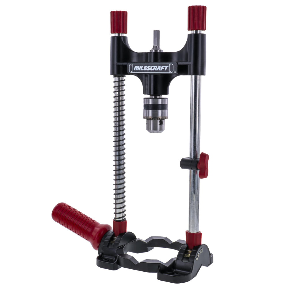 Milescraft DrillMate on a workbench in a woodworking setup demonstrating versatility