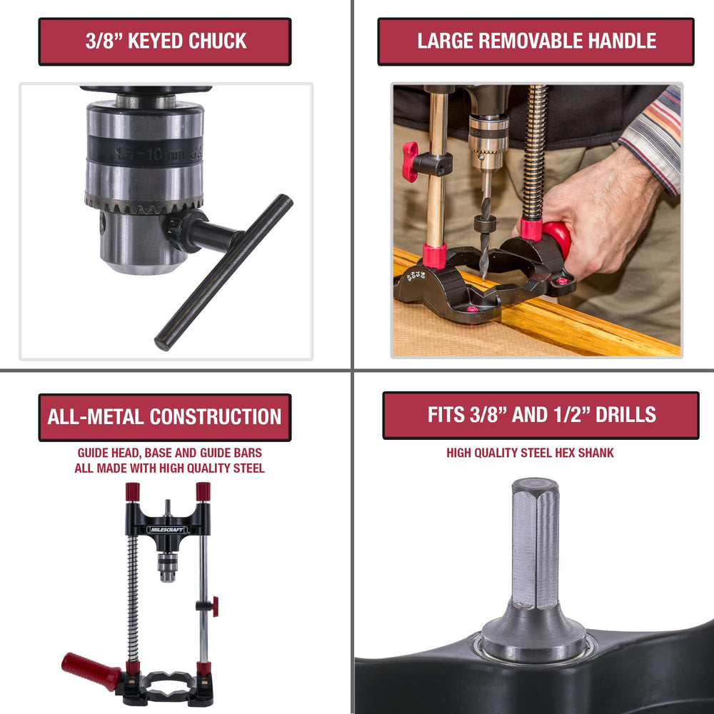 Milescraft DrillMate V-groove holding round stock steady to prevent wander