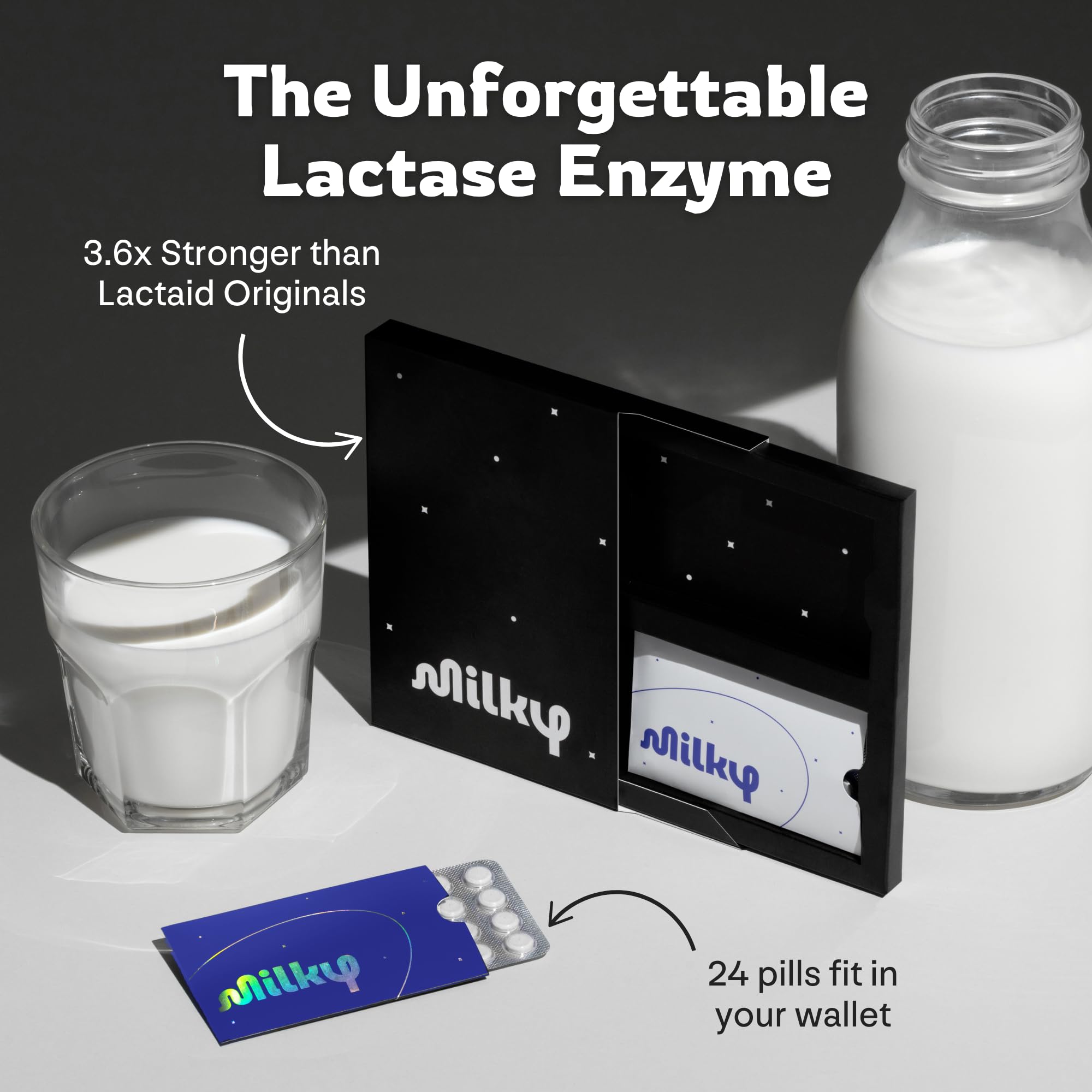 Milky lactase tablets close-up showing smooth texture and easy dosing