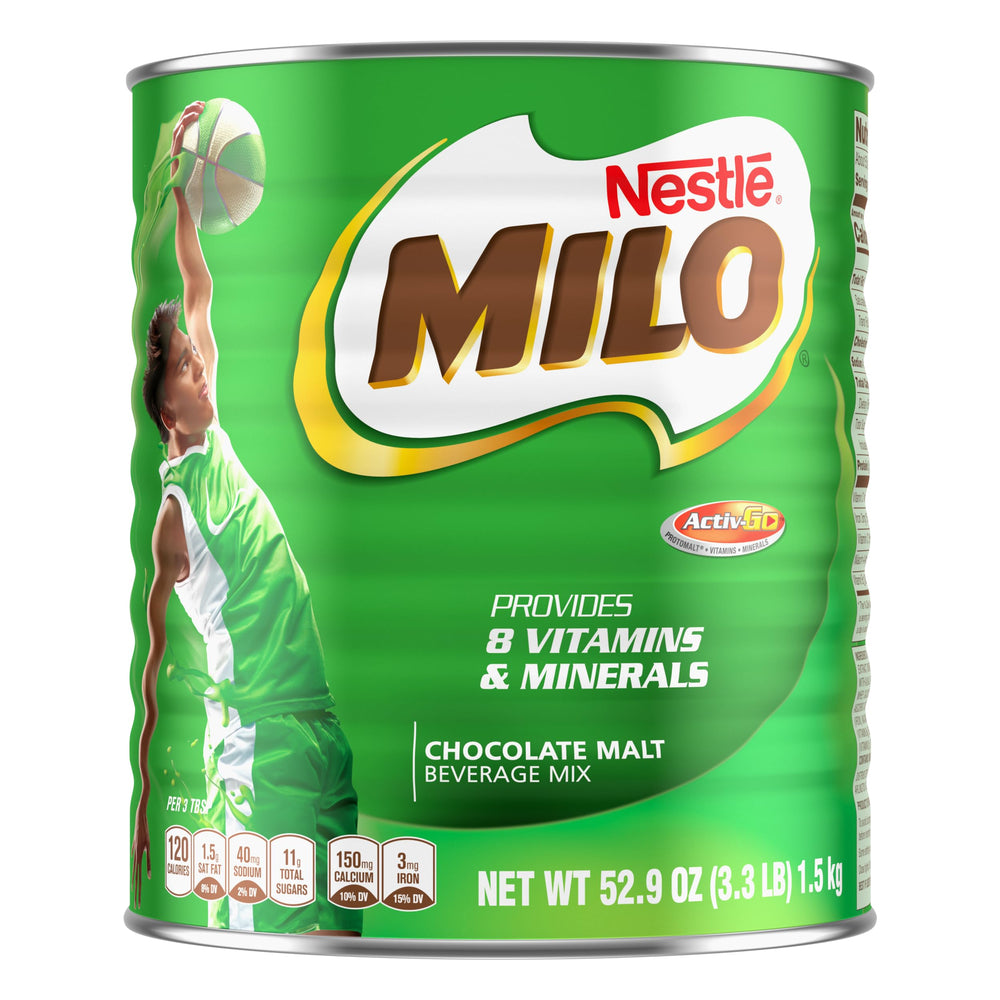 MILO frente de la lata 1.5 kg mostrando el envase y la marca para almacenamiento familiar