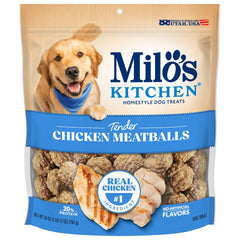 Milo’s Kitchen frente del empaque mostrando bolsa de 28 oz beneficios claros