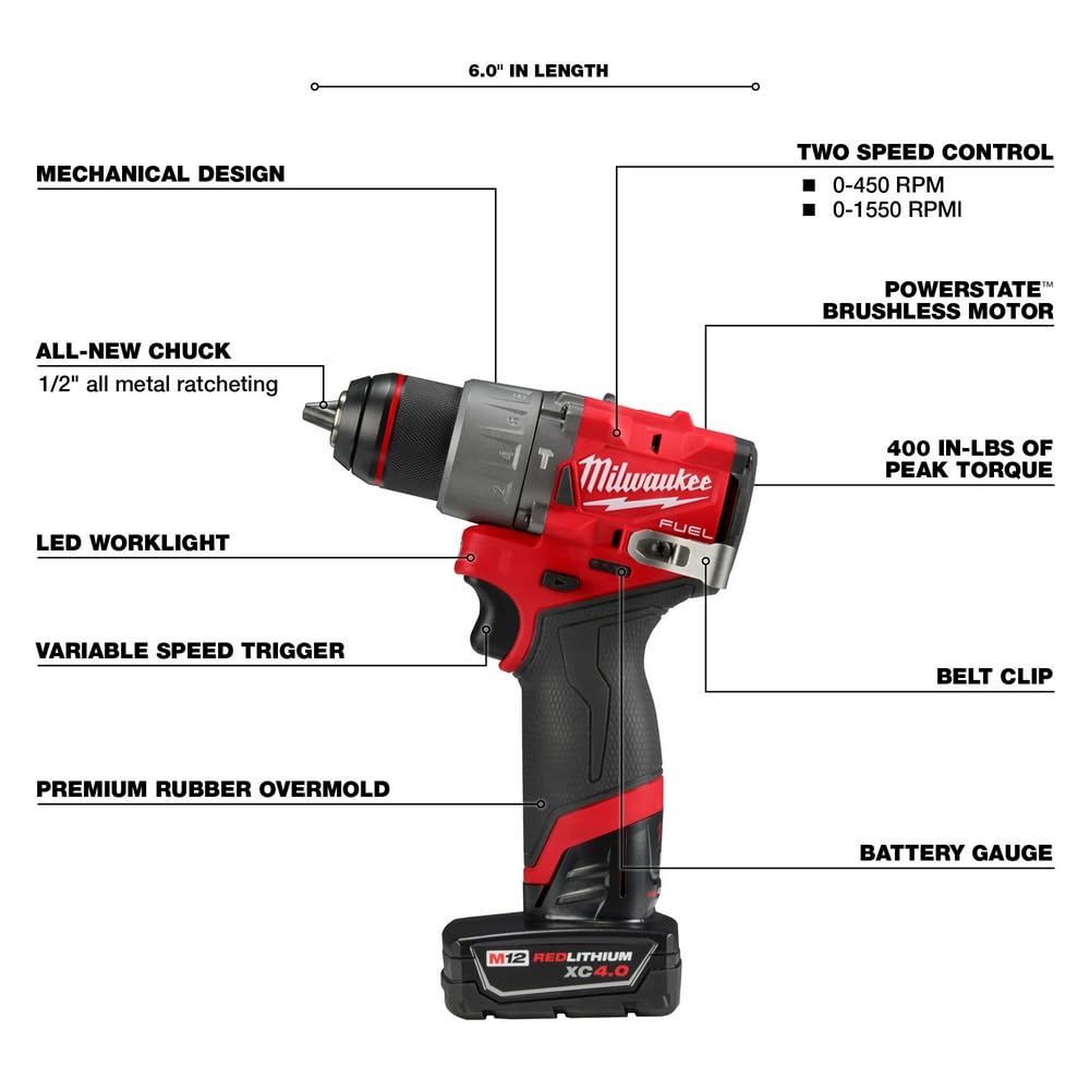 Milwaukee M12 batteries and carrying bag next to ruler showing size and transport benefit