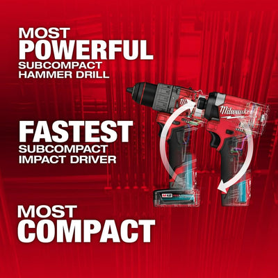 Milwaukee M12 FUEL hammer drill close-up displaying chuck and ergonomic grip for control
