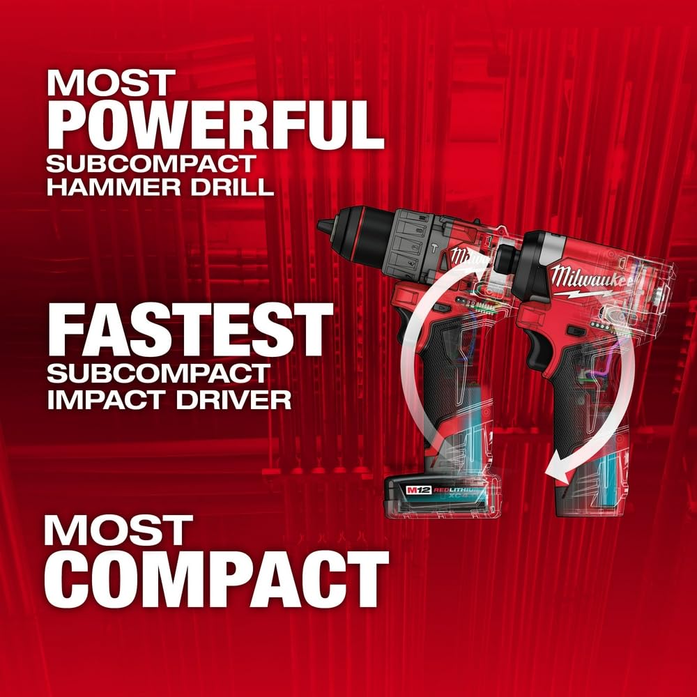 Milwaukee M12 FUEL hammer drill close-up displaying chuck and ergonomic grip for control