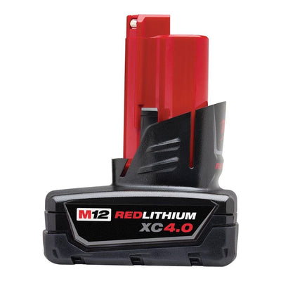 Milwaukee M12 REDLITHIUM XC 4.0Ah front view showing compact design and runtime benefit