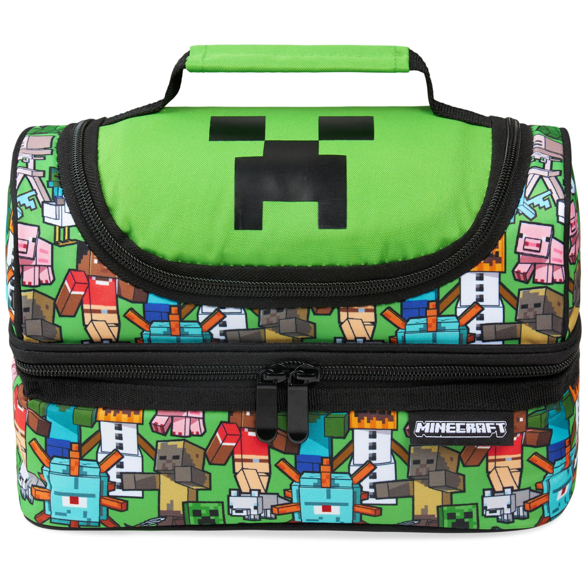 Minecraft lonchera frontal con diseño Creeper mostrando color y forma, ideal para niños