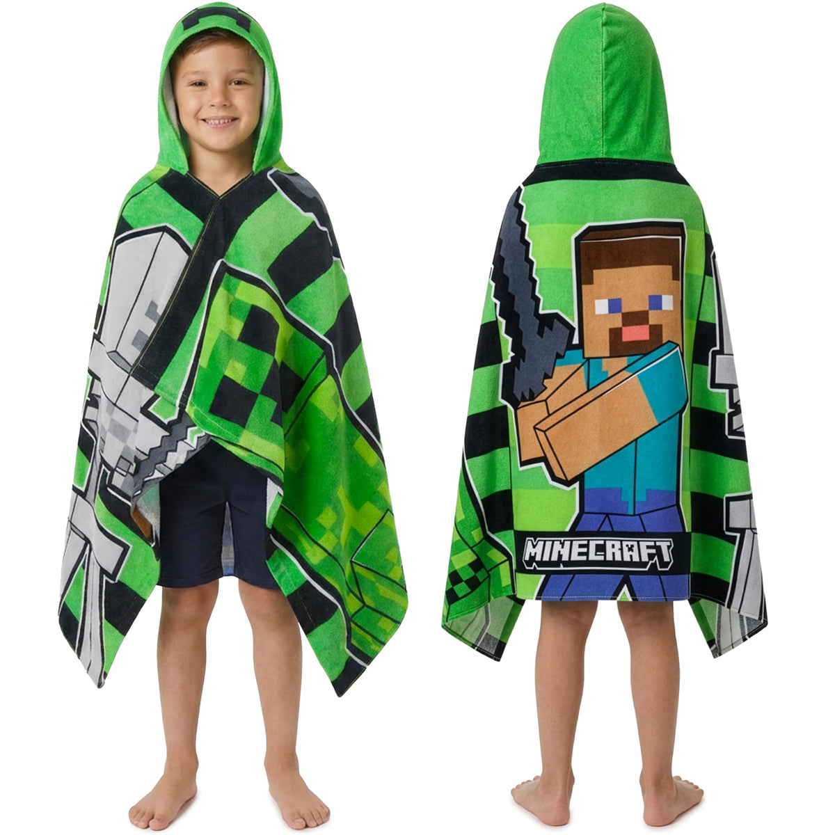 Minecraft poncho toalla frontal mostrando diseño y cobertura