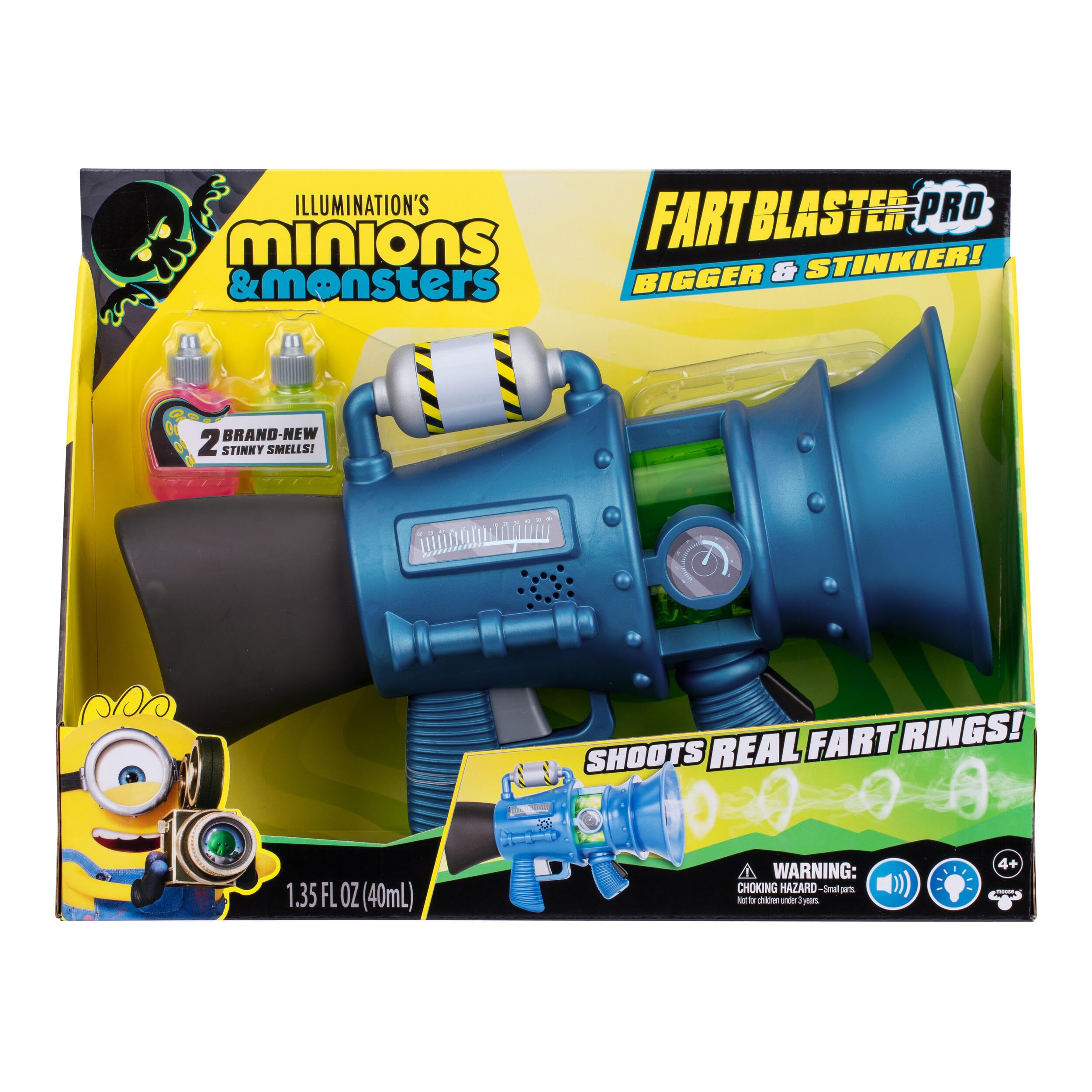 Minions front packaging showing blaster toy and features for collectible appeal