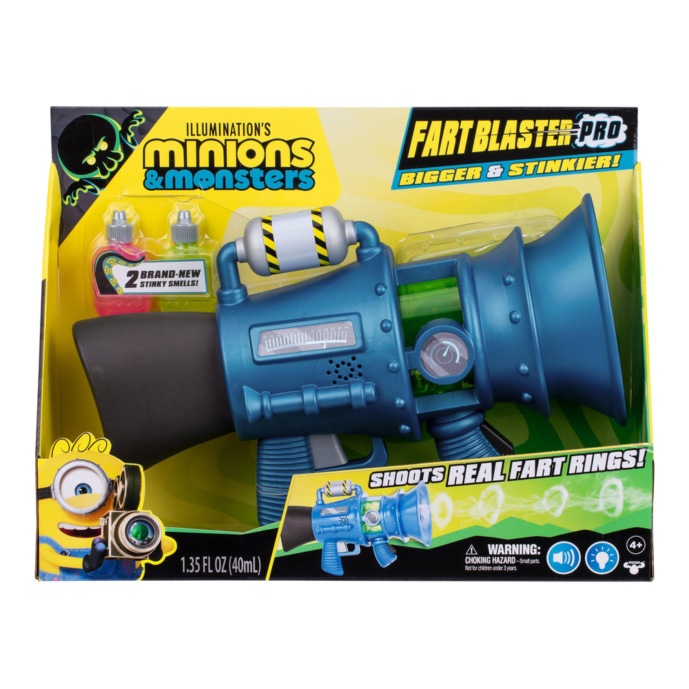 Minions front packaging showing blaster toy and features for collectible appeal