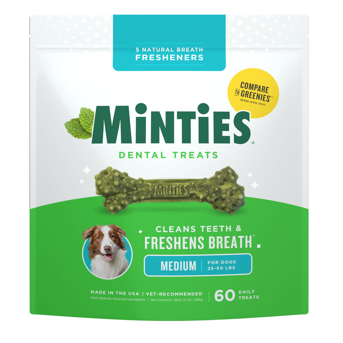 Minties frente del empaque mostrando 60 unidades y beneficio limpieza dental