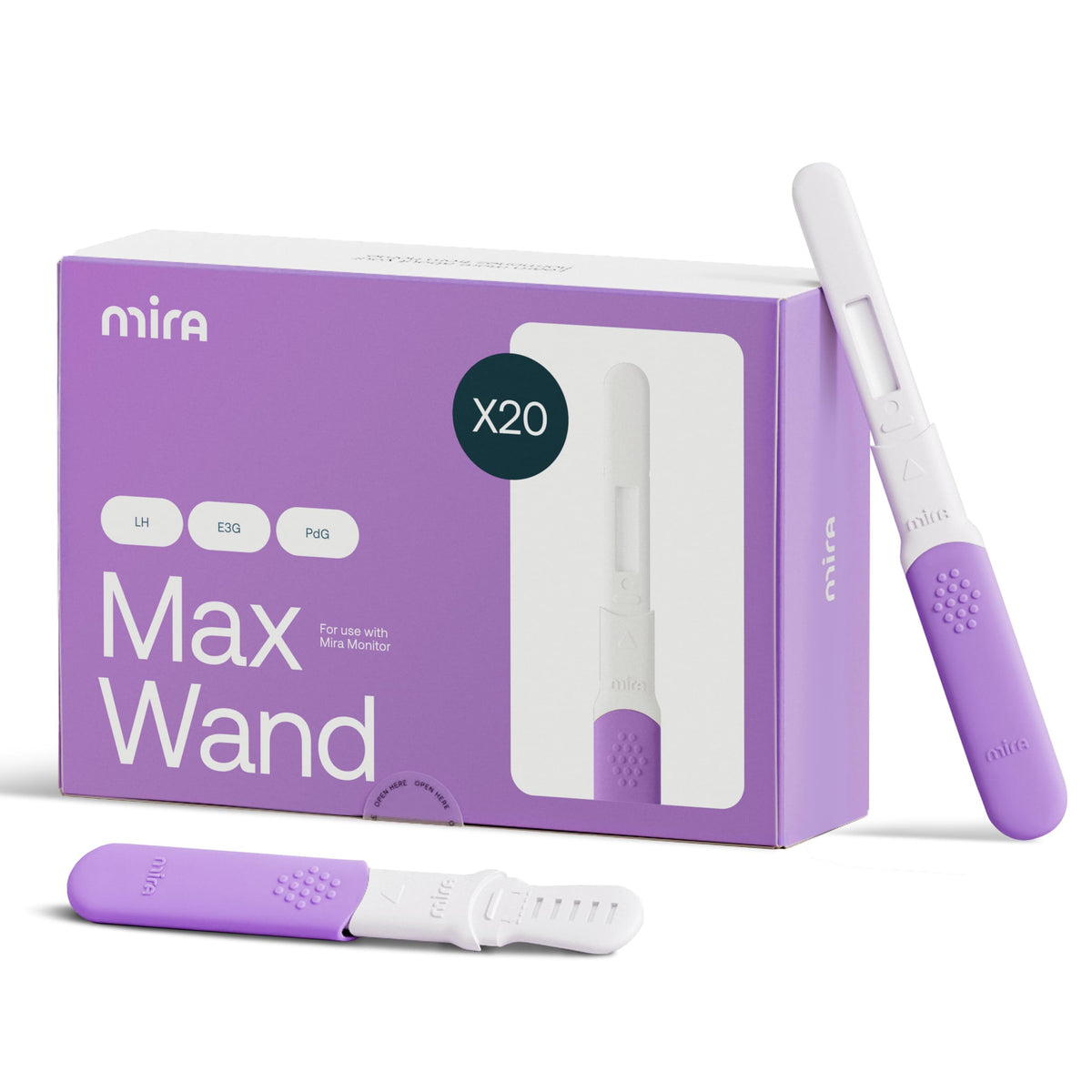 Mira front packaging showing 20-count wands and branding for reliable tracking