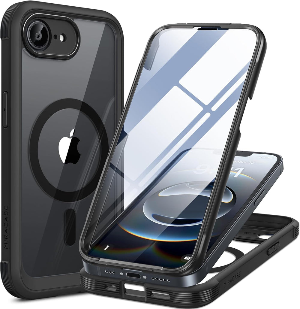 Miracase frente con protector integrado mostrando ajuste perfecto al iPhone