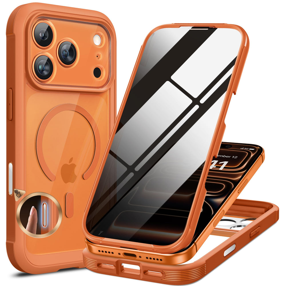 Miracase funda frontal naranja mostrando protección y estilo