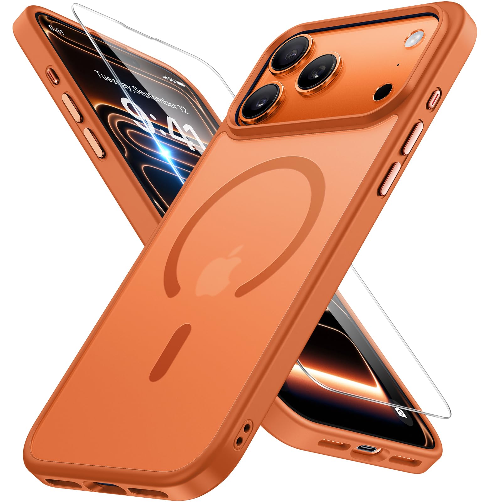 Miracase frontal naranja mostrando ajuste perfecto y diseño delgado