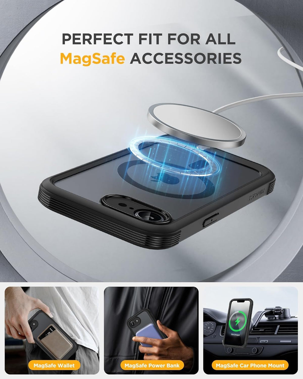 Miracase en uso con accesorio MagSafe mostrando acoplamiento seguro