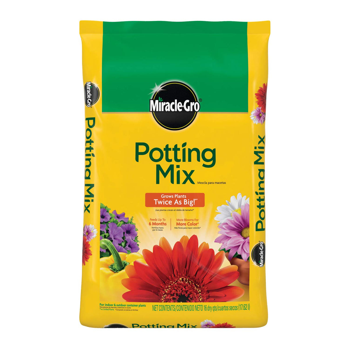 Miracle-Gro paquete frontal mostrando volumen y práctico almacenamiento