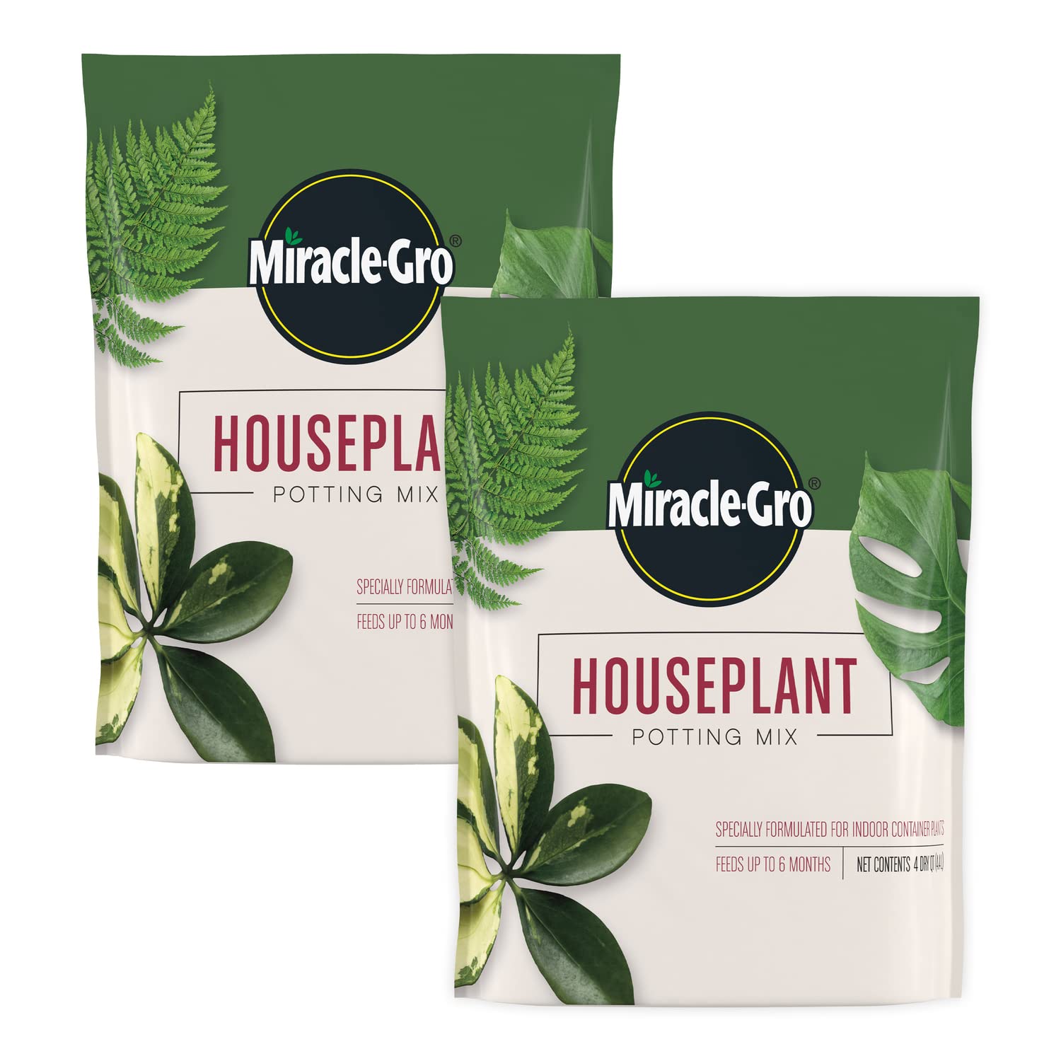 Miracle-Gro front packaging showing two 4 qt bags and clear product benefit