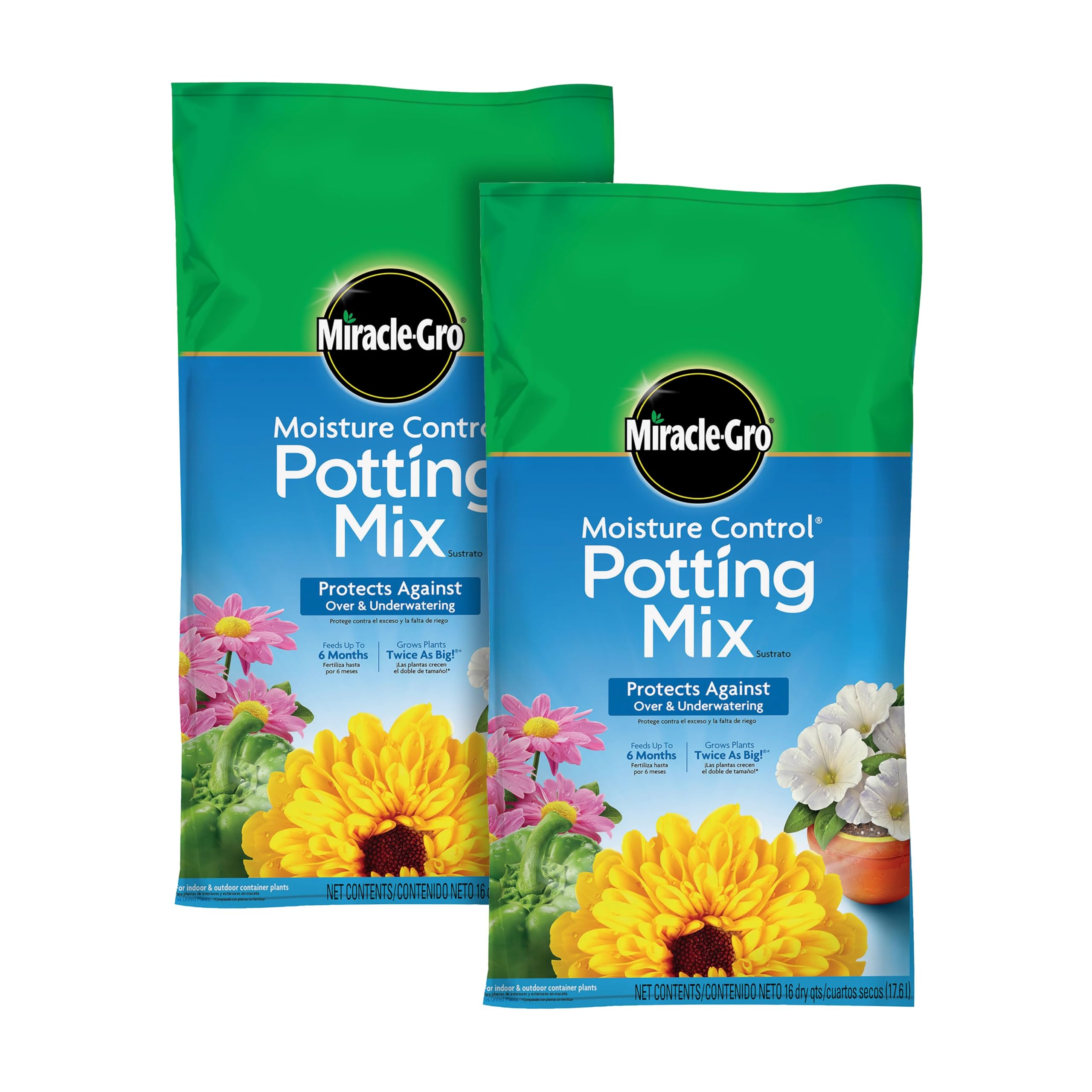 Miracle-Gro front packaging showing product name and 16 qt benefits