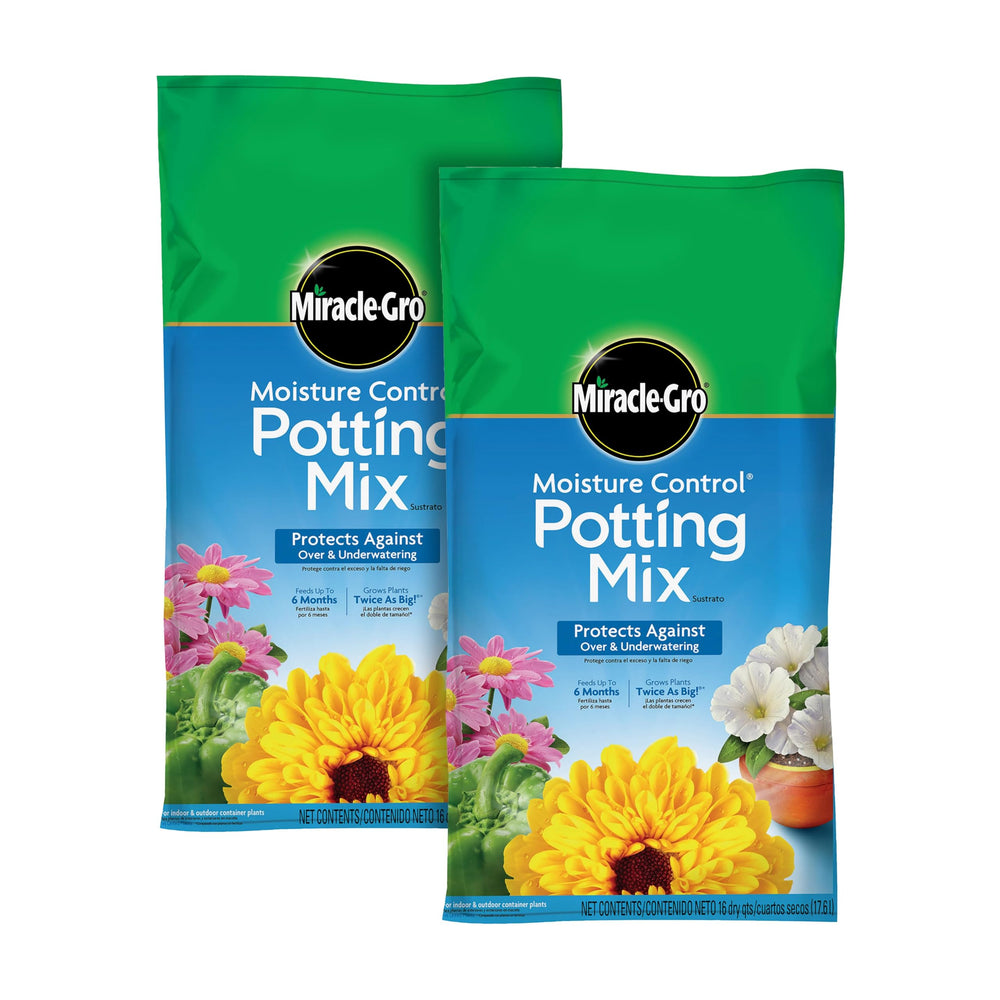 Miracle-Gro front packaging showing product name and 16 qt benefits