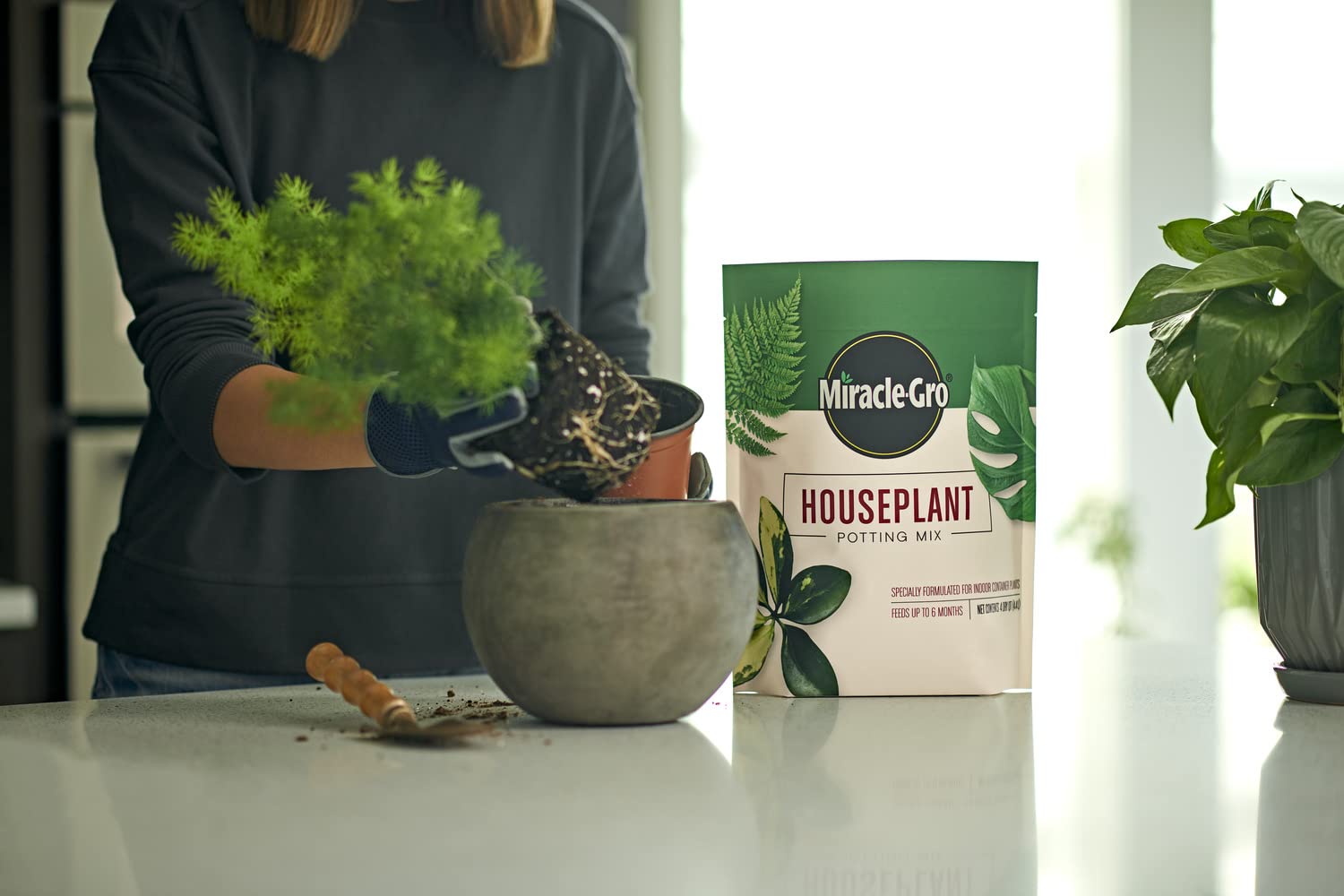 Miracle-Gro size comparison with an 8-inch pot to show bag yield per pot