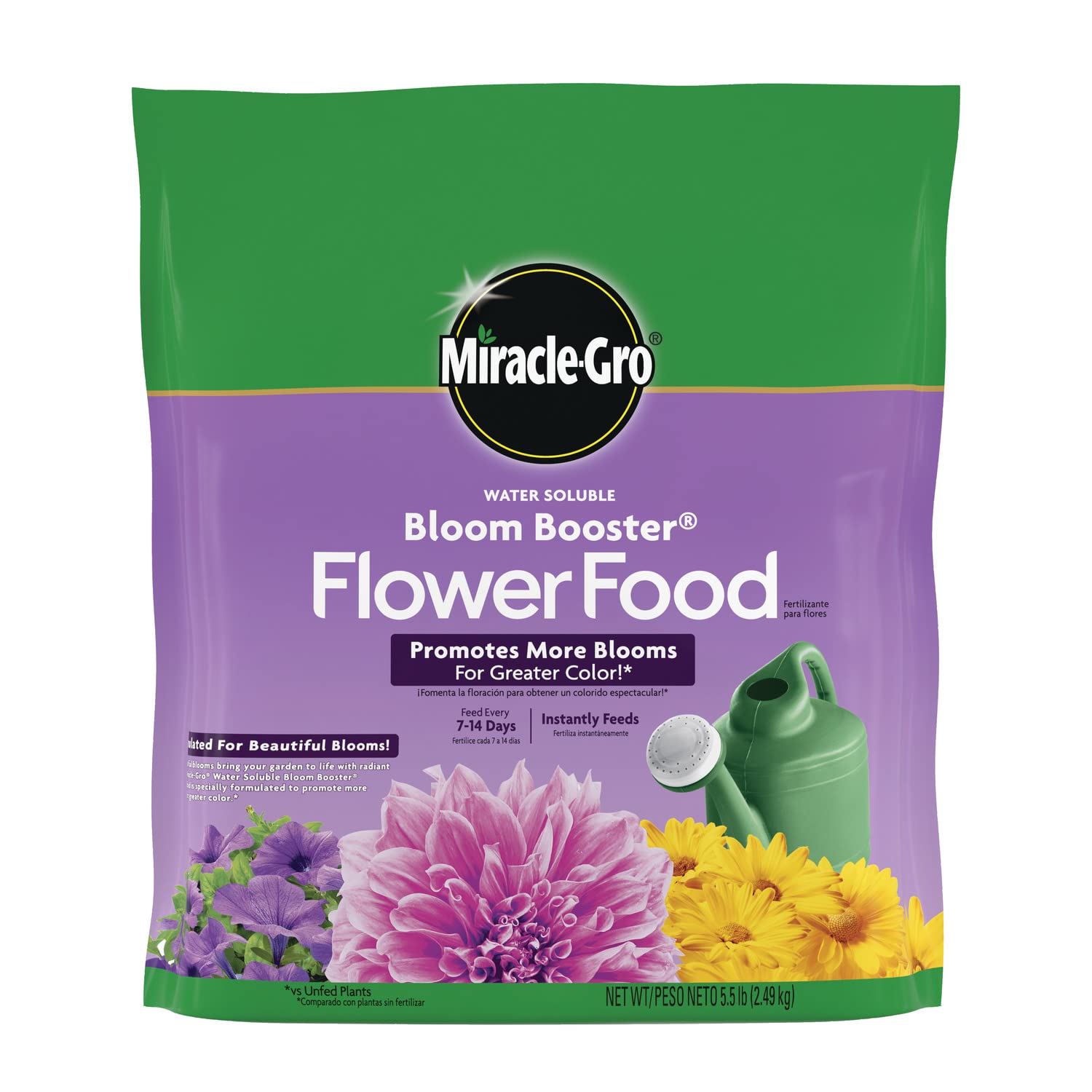 Miracle-Gro front packaging showing 5.5 lb tub and label benefits