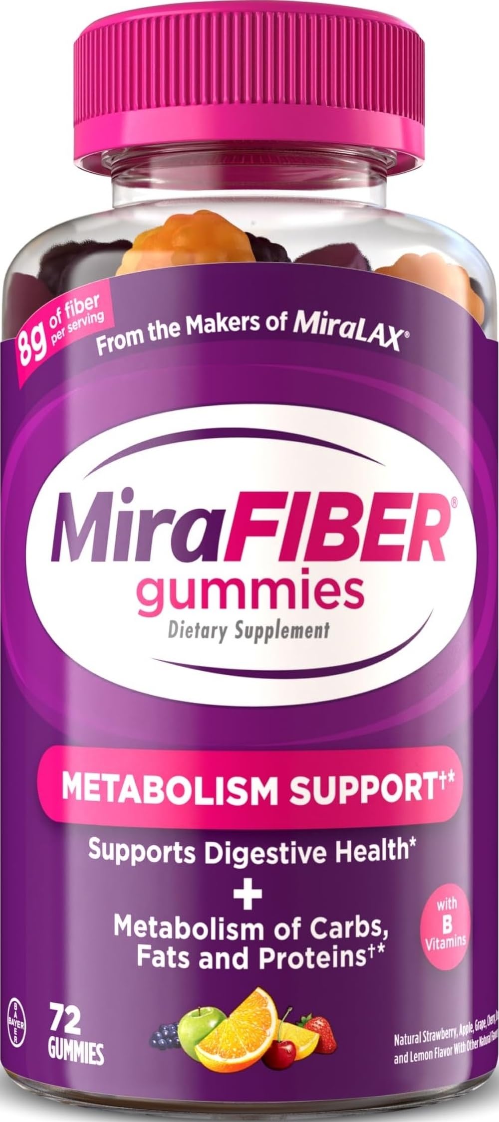 MiraLAX mirafiber gomitas paquete frontal muestra beneficios