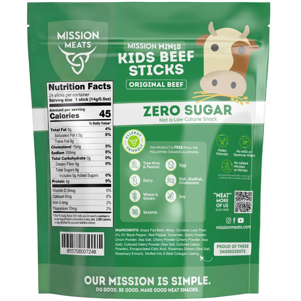 Mission Meats child eating a beef stick smiling to show kid-approved mild flavor