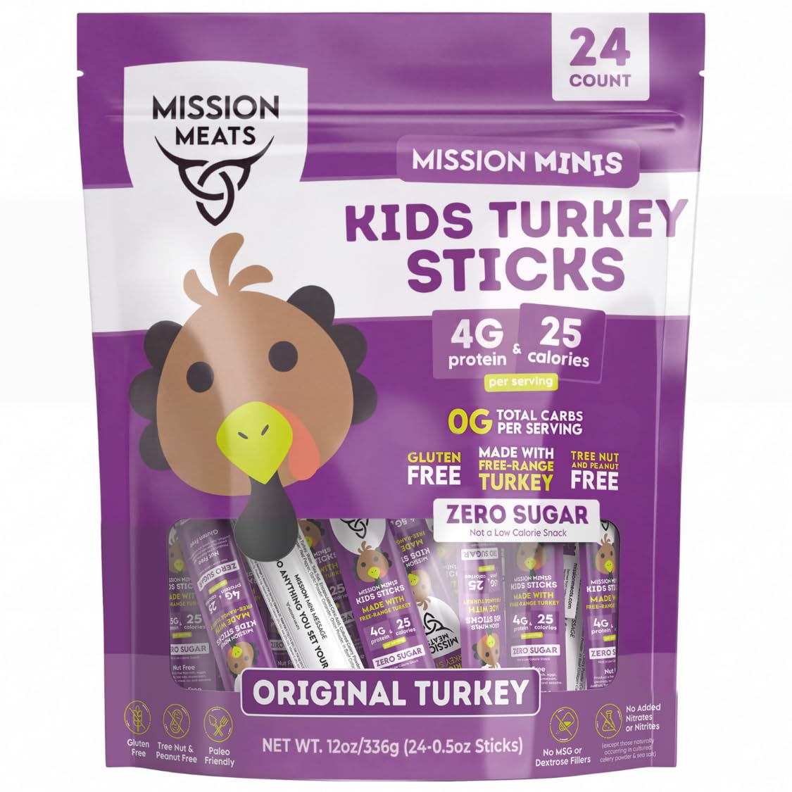 Mission Meats paquete frontal mostrando 24 palitos y beneficios nutricionales