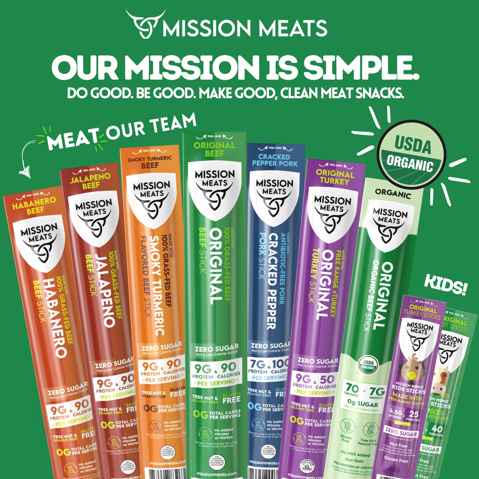Mission Meats sticks arranged on cutting board showing smoked texture and serving idea