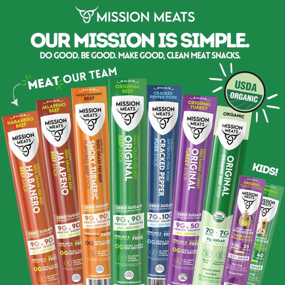 Mission Meats sticks arranged on cutting board showing smoked texture and serving idea