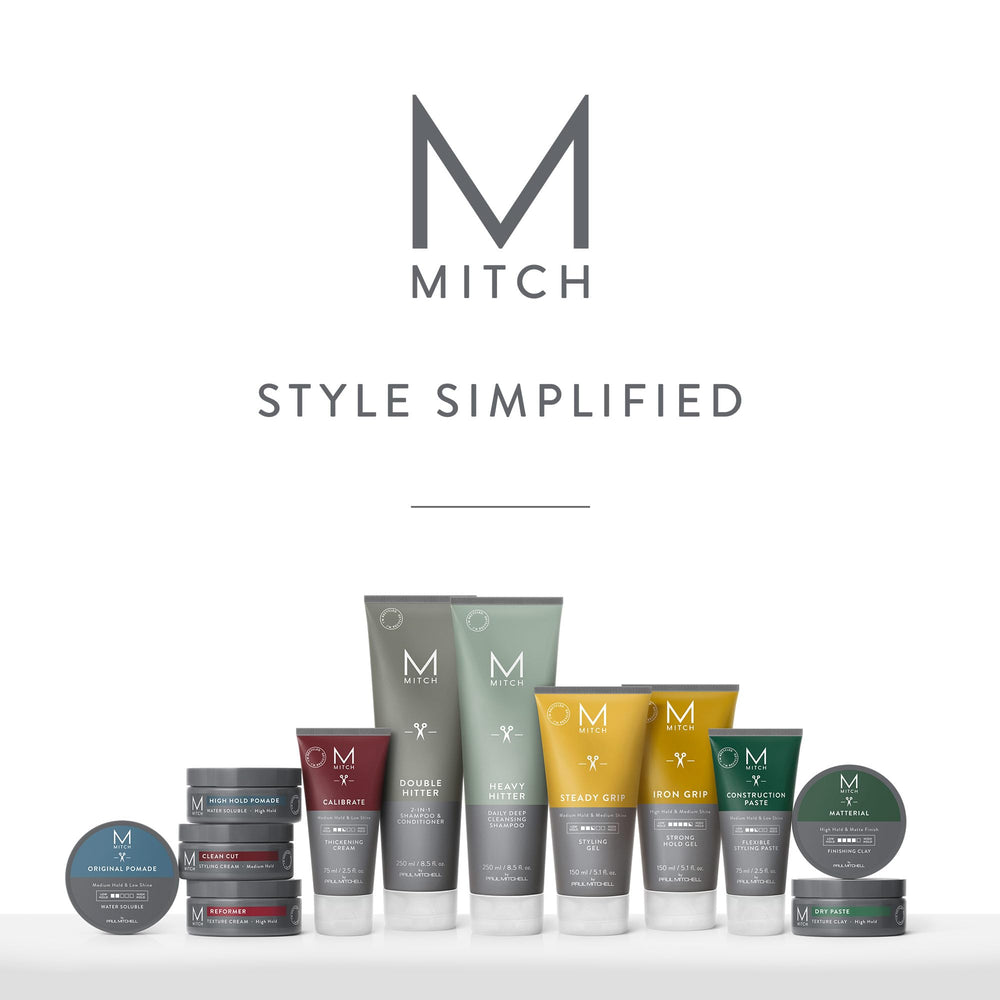 MITCH frasco en baño junto a productos de rutina, aspecto lifestyle cuidado