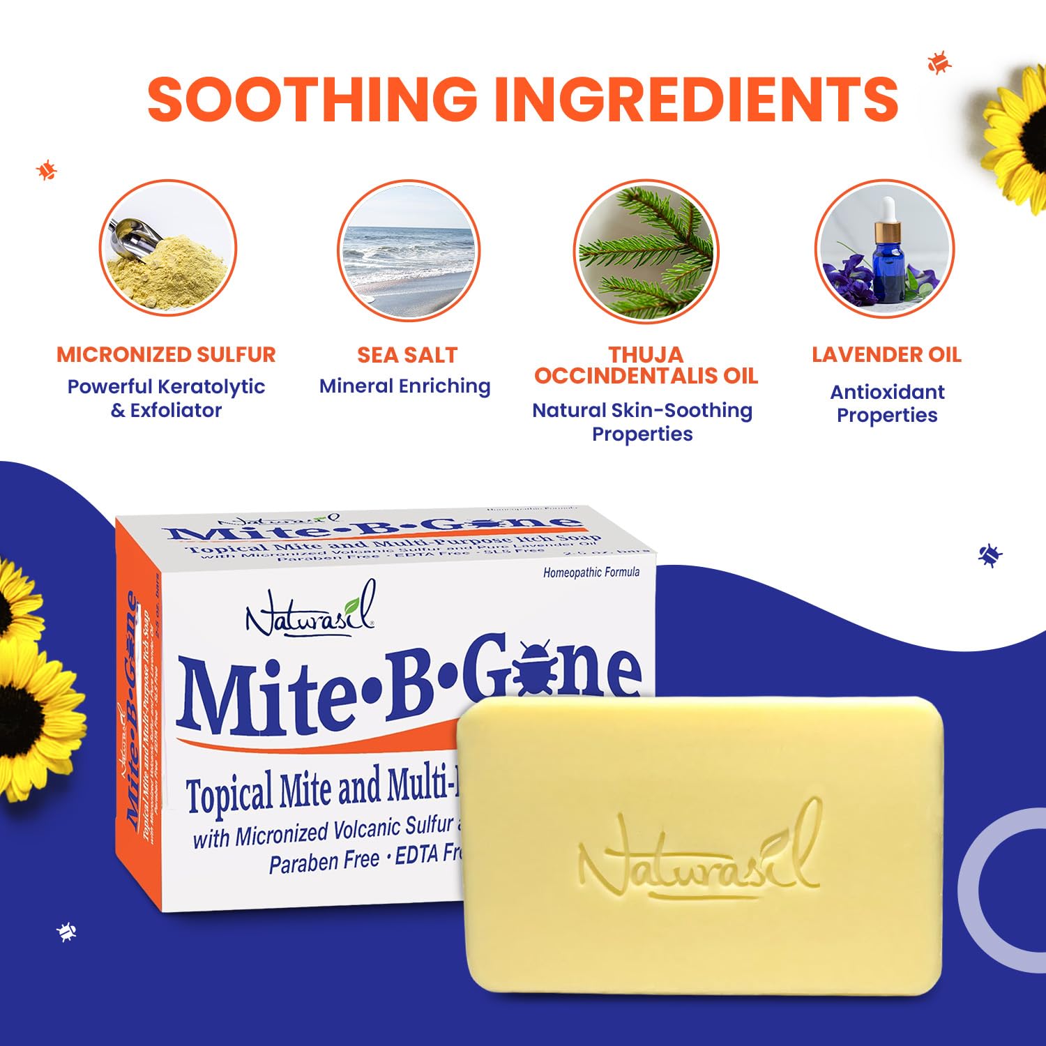 Mite-B-Gone ingredientes botánicos exhibidos por su suavidad