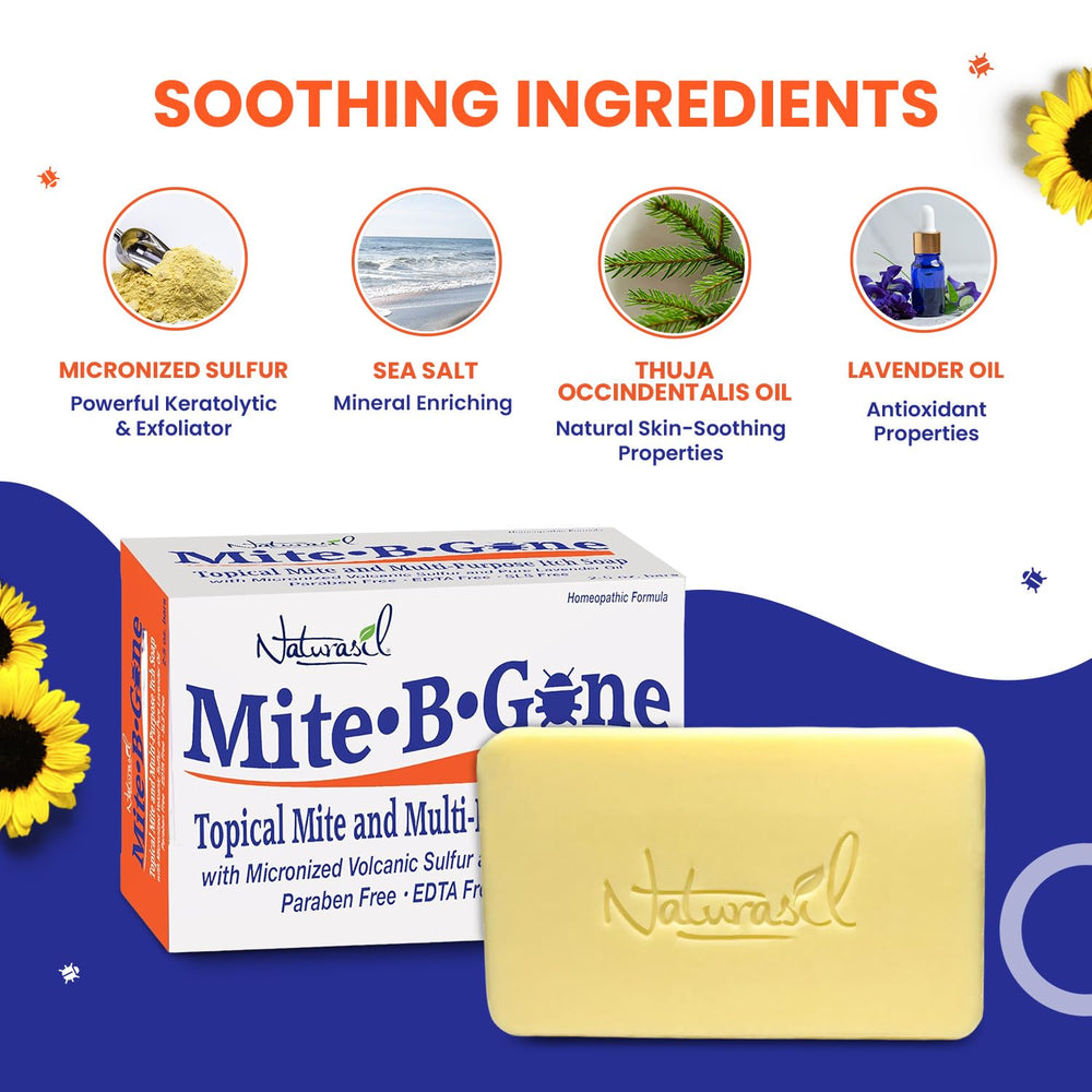 Mite-B-Gone ingredientes botánicos exhibidos por su suavidad