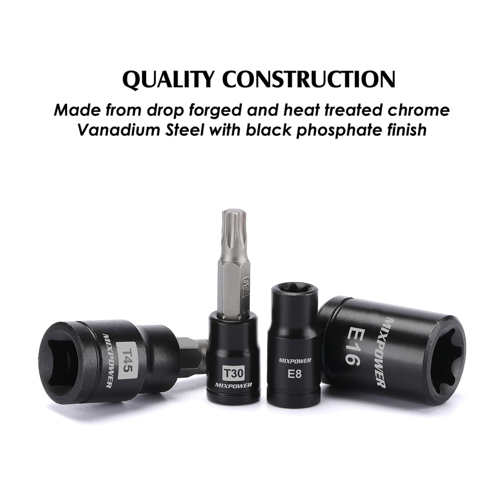 MIXPOWER conjunto de vasos E-Torx organizado por tamaño, fácil selección en taller