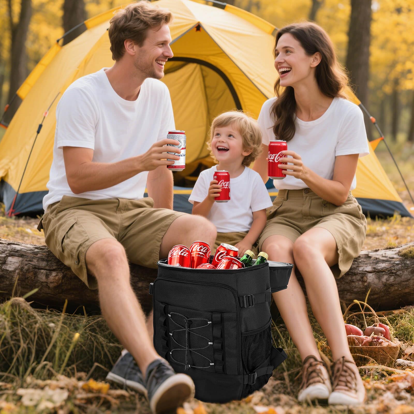 MIYCOO mochila junto a latas y botella para mostrar escala y capacidad real