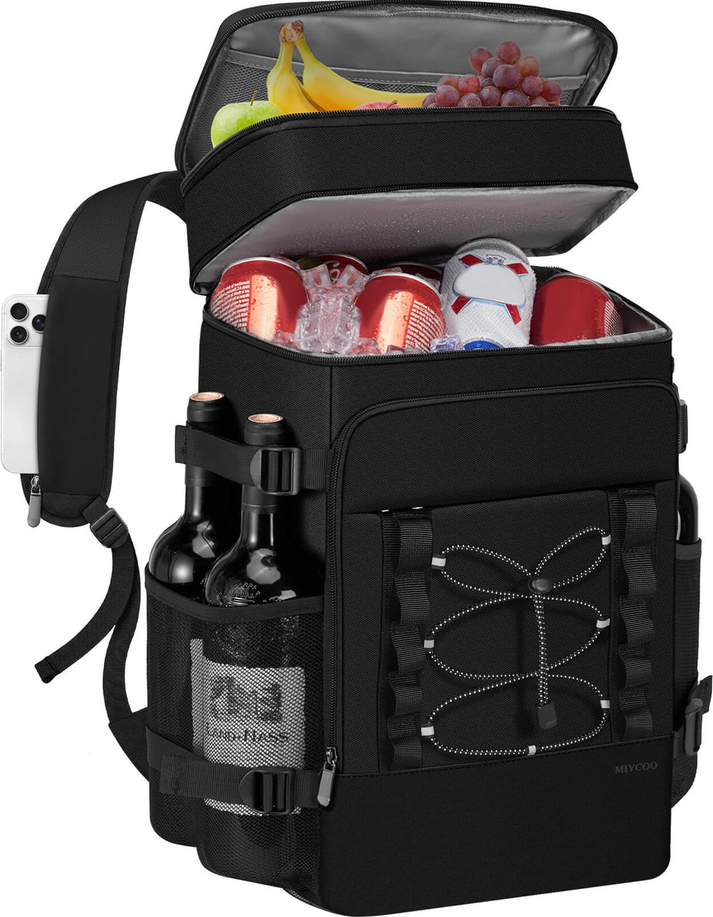 MIYCOO vista frontal con 2 compartimentos y capacidad para 40 latas, almacenamiento optimizado