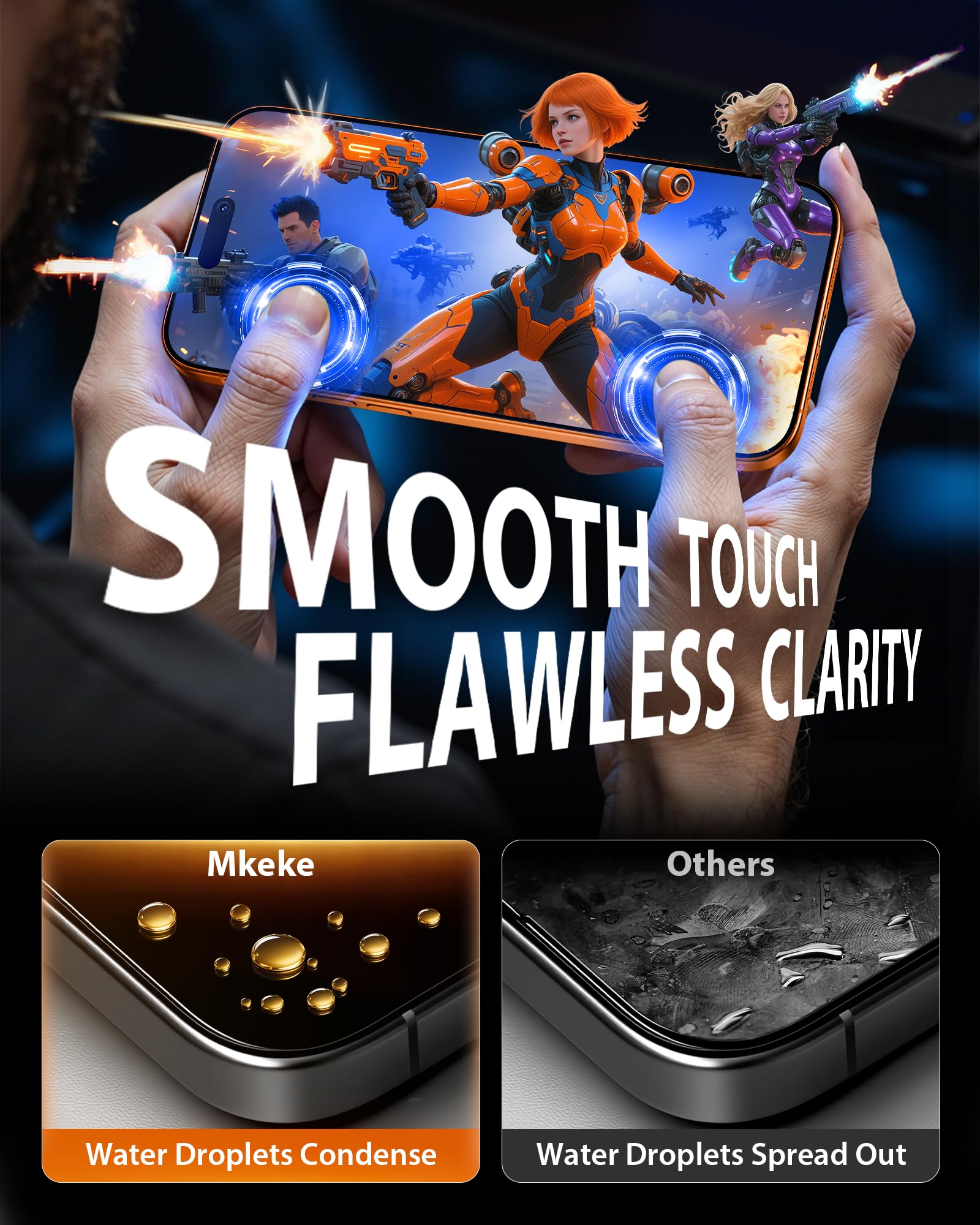 Mkeke protector shown in hand with iPhone 17 Pro Max demonstrating scale and protection