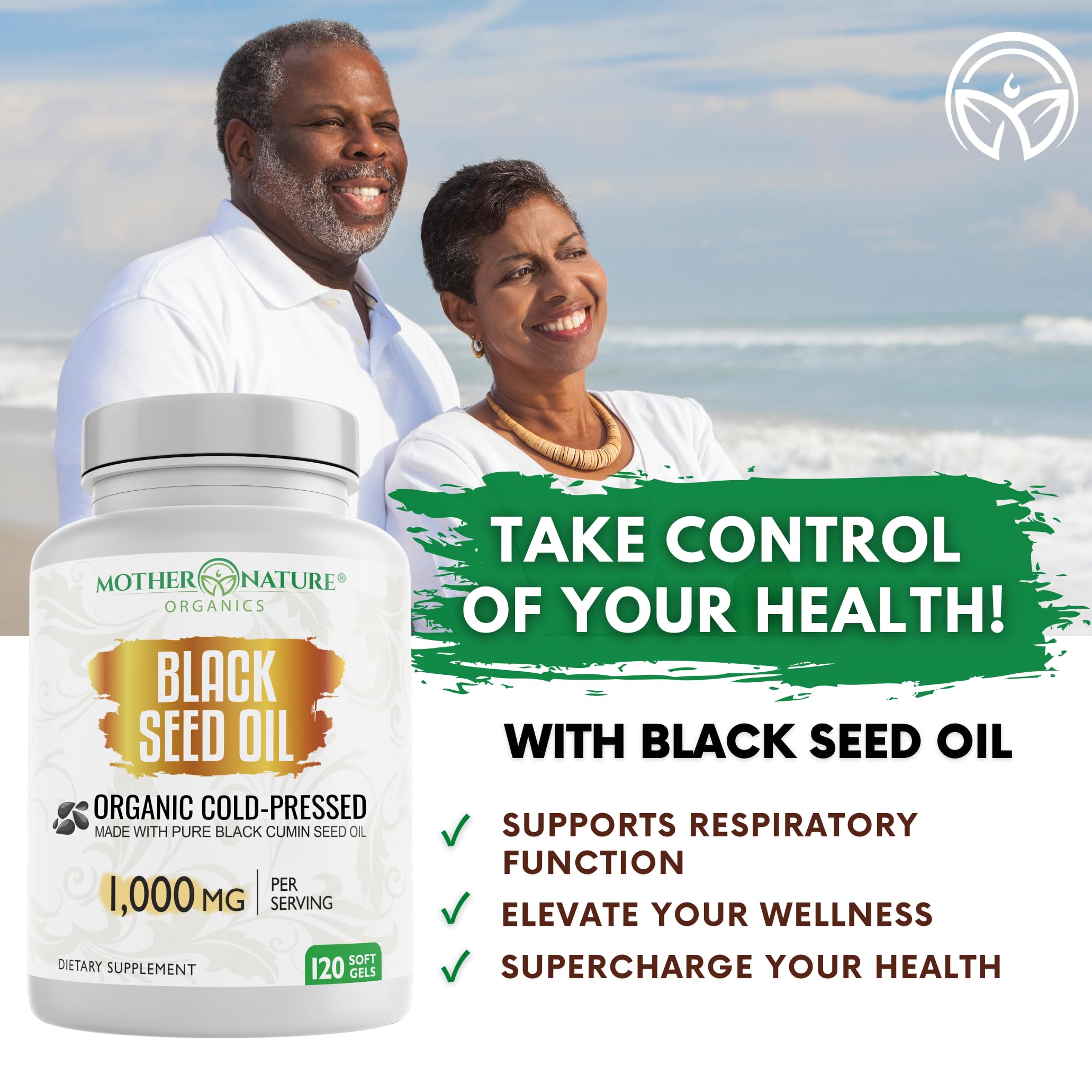 Mother Nature Organics etiqueta resaltando 2% TQ y garantía de calidad