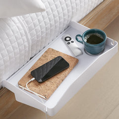 Modern Innovations front view of white bedside shelf showing tray and cup holder benefit convenience