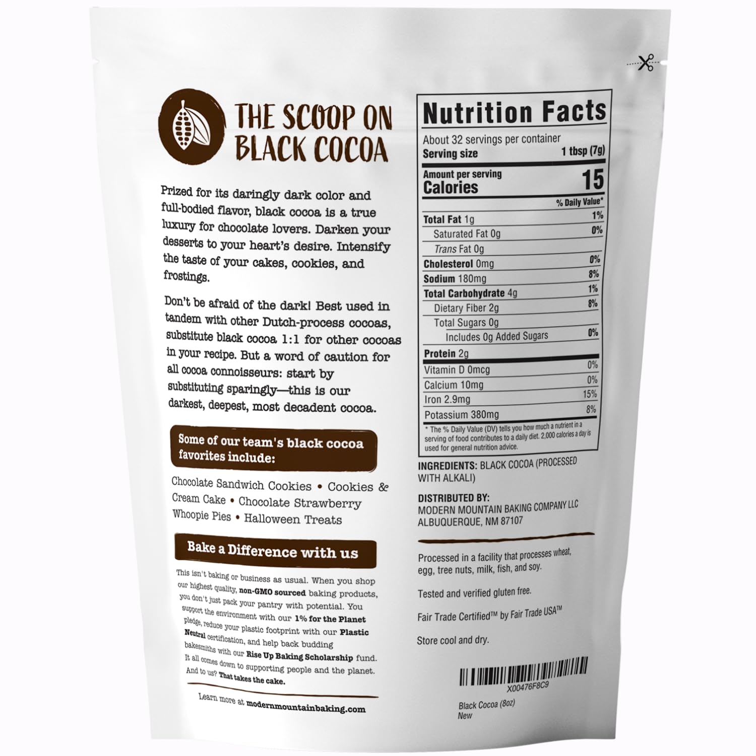 MODERN MOUNTAIN polvo de cacao negro en primer plano destaca la textura fina y uso fácil