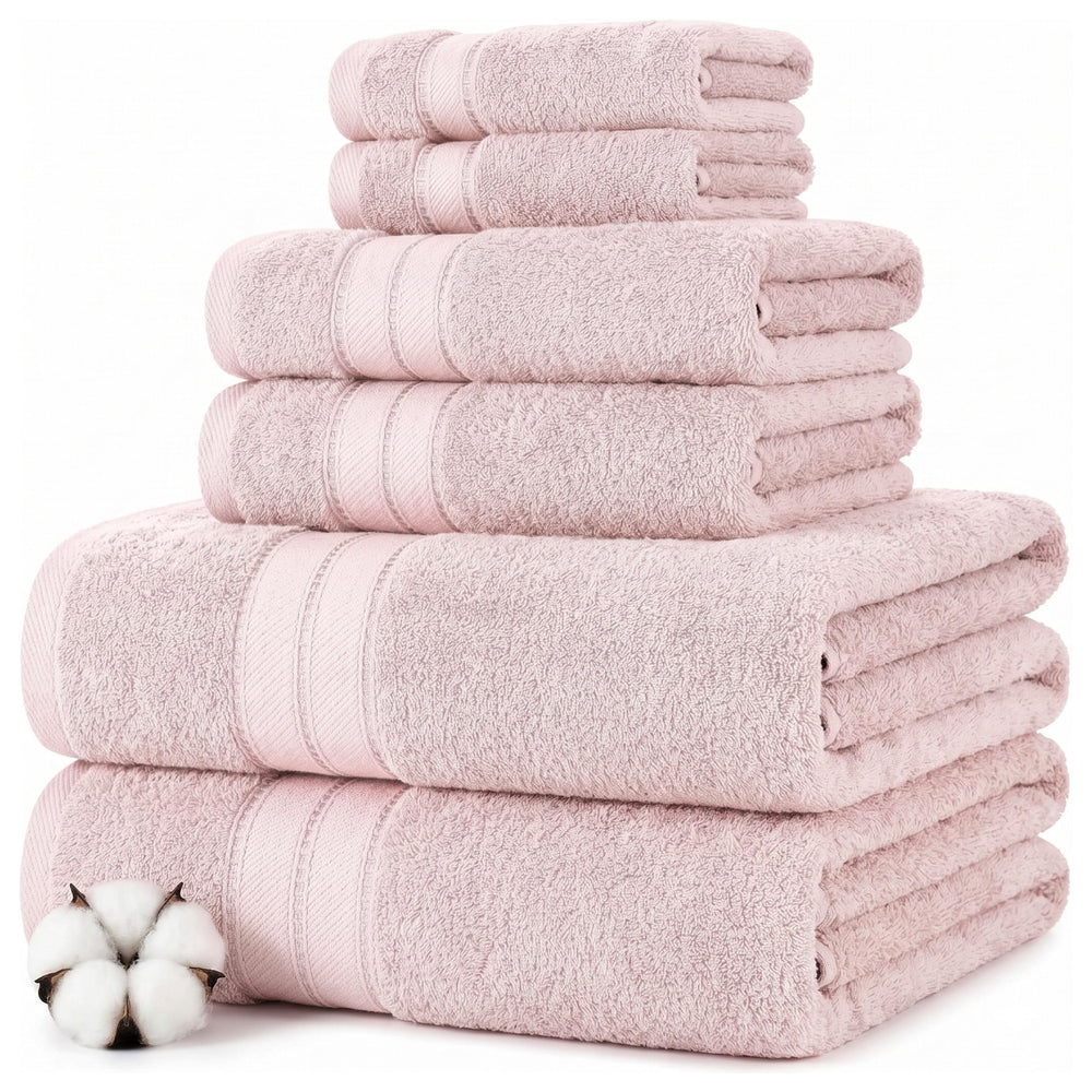 Modern Threads folded 6-piece set showing plush blush towels and neat styling for a polished bathroom