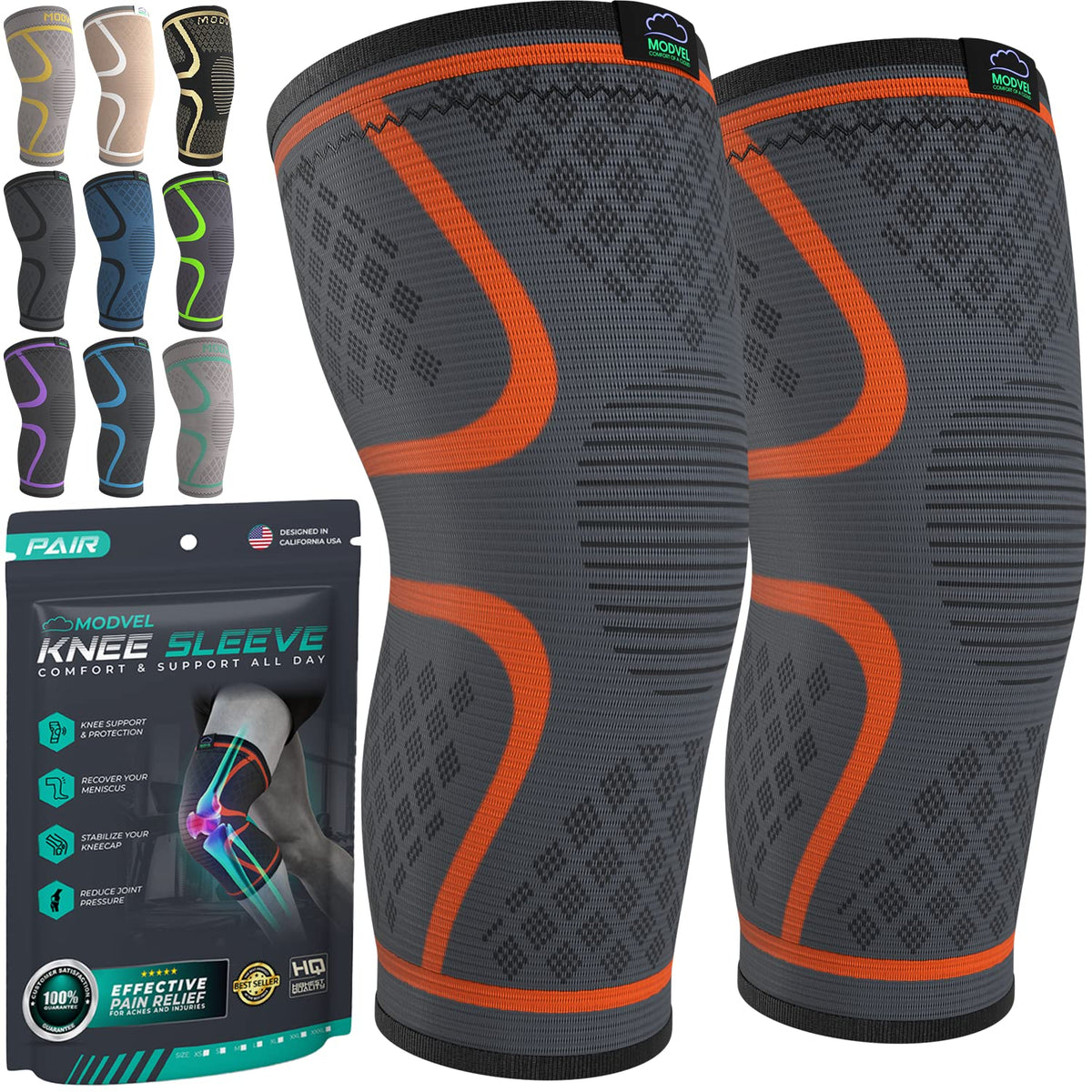 Modvel front packaging showing two knee sleeves and benefits