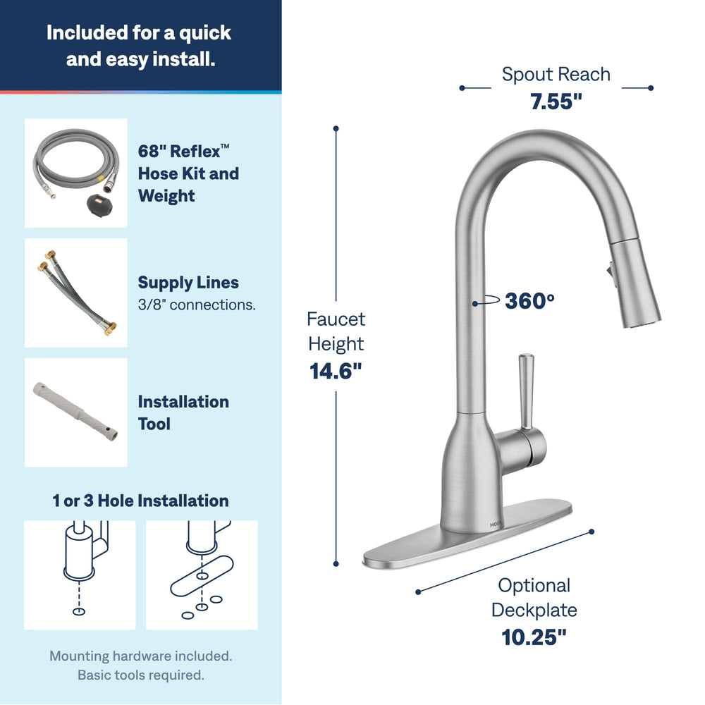 Moen Adler deck plate and mounting hardware displaying flexible 1- or 3-hole installation