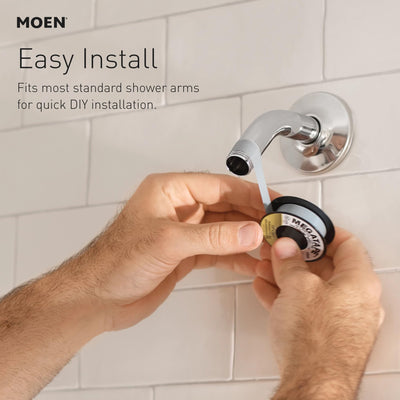Moen chrome finish reflecting light for an easy-to-clean mirror-like bathroom accent
