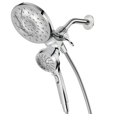 Moen handheld and rain head front view showing sleek chrome and dual functionality