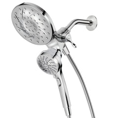 Moen handheld and rain head front view showing sleek chrome and dual functionality