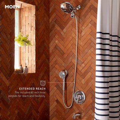Moen long metal hose displayed kink-free for extended reach and durability